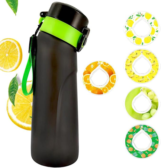 Air Water Bottle, Air Water Bottle with 5 Flavor Pods,750ml Scented Sports Water Bottle Set with Flavour Pods, 0 Sugar No BPA for Schools, Gym, Outdoor Sports (Black green + 5 pods)