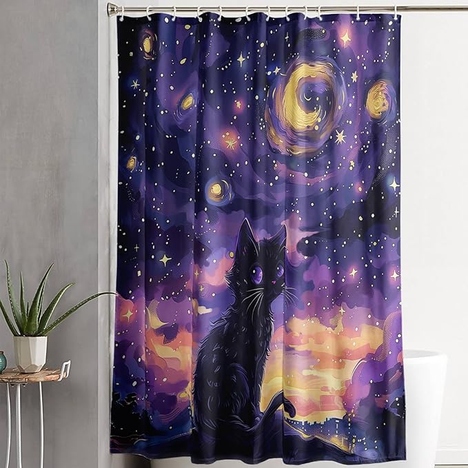 AILONEN Black Cat Shower Curtain,Cartoon Mother Son Kitten Shower Curtain Set for Kids Boys Girls,Boho Style Starry Night Shower Curtain with Hooks for Bathroom,72" W*96" H