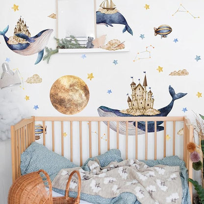 Ocean & Space Whale Wall Sticker - Colorful Watercolor Art, Easy to Apply