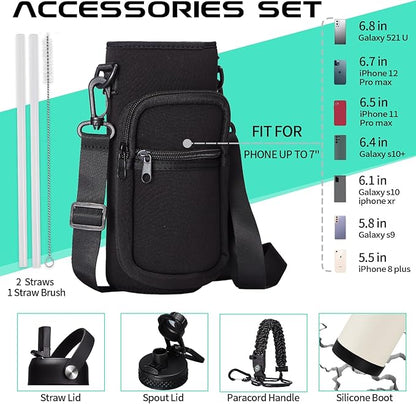 40oz Insulated Water Bottle - w/Straw Spout Lid, Bottle Holder with Strap, Paracord Handle, Protective Bottom Boot, Stainless Steel Metal Thermo Jug Flask Cold 48h & Hot 24h, Cream White