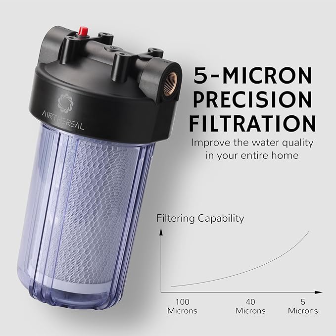 Airthereal Whole House Water Filter Housing, 10" x 4.5" Sediment Carbon Cartridge Universal Housing, Pre-Filtration System for Well and City Water, Clear Housing Include 1-Pack CTO Filter