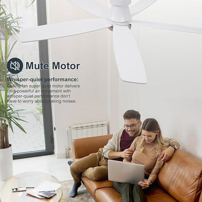 52 inch Ceiling Fans with Lights and Remote,Flush Mount White Ceiling Fan,Memory Fuction Reversible Quiet DC Motor Low Profile Ceiling Fans For Living Room Bedroom Outdoor(White&Natural Wood)