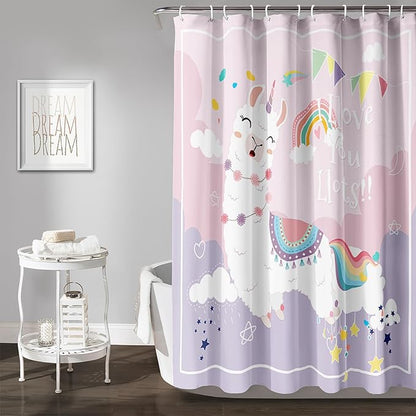 AILONEN Cute Llama Kids Shower Curtain for Girls,Happy Llama in Sky Clouds Print Bath Curtain 72" W*84" H,Kawaii Kids Bathroom Curtain Polyester Waterproof Girls Bathroom Curtain with 12 Hooks