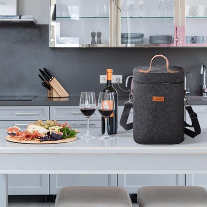 4 Bottle Carrier Tote, Thicken Felt Wine Carrier Padded Portable Wine Bottle Bag with Leather Handles & Shoulder Strap for Party, Picnic, Travel, BYOB (Dark Grey)