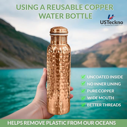Copper Water Bottle - 34 Oz Extra Large Hammered Ayurvedic Copper Bottle for Travel,Yoga,Gym Lower Your Sugar Intake And Enjoy Health Benefits Immediately. Lab Tested (Hammered Finish)