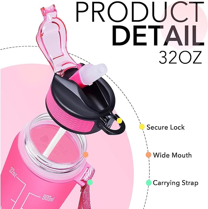 Gigi 32 oz Water Bottle with Times Marker to Drink and Straw, Carrying Strap, Leakproof Tritan BPA-Free, Ensure You Drink Enough Water for Fitness, Gym, Camping, Outdoor Sports