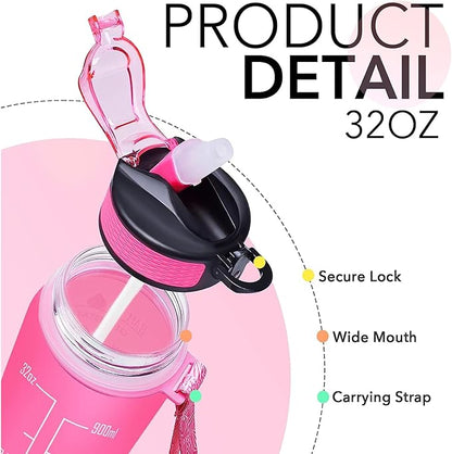Gigi 32 oz Water Bottle with Times Marker to Drink and Straw, Carrying Strap, Leakproof Tritan BPA-Free, Ensure You Drink Enough Water for Fitness, Gym, Camping, Outdoor Sports