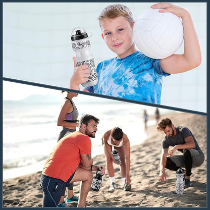 24 Pcs 24 oz Volleyball Water Bottle Bulk and Drawstring Bag Set 12 Reusable Plastic Biking Water Bottle Tumbler 12 Sport Gym Goodie Gift Bag for Party Favor (Black)