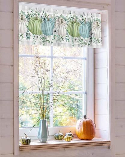 Fall Thanksgiving Kitchen Curtains Valances for Windows Autumn Pumpkins Eucalyptus Leaves Rod Pocket Window Treatment for Kitchen /Living Room/Bedroom/ Bathroom, 54" X 18", White Blue Green Gray Plaid