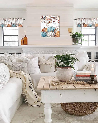 Fall Thanksgiving Kitchen Curtains Valances for Windows Watercolor Autumn Pumpkins Eucalyptus Leaves Rod Pocket Window Treatment for Kitchen /Living Room/Bedroom/ Bathroom,42" X 12", Blue Orange