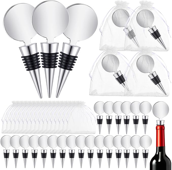 24 Sets Wine Stopper for Wine Bottles Wedding Wine Stopper Champagne Bottle Stoppers Beverage Bottle Stoppers with White Sheer Organza Bags Wedding Party Favor for Guests (Silver)