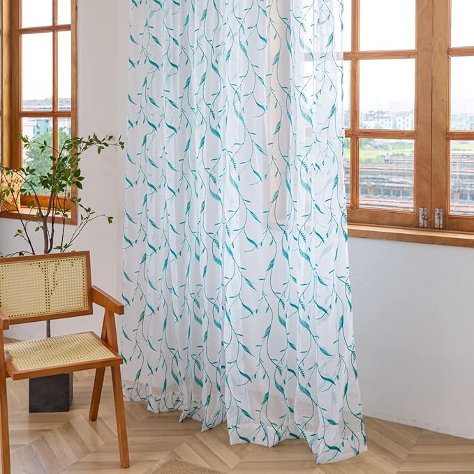 Windows Sheer Curtains Embroider Green Leaf 108 Inches Length 2 Panels Voile Light Filtering Sheer Curtains Panel Basic Rod Pocket for Bedroom Living Room Children Room