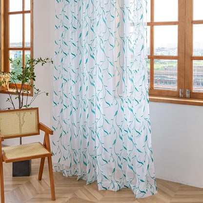 Windows Sheer Curtains Embroider Green Leaf 108 Inches Length 2 Panels Voile Light Filtering Sheer Curtains Panel Basic Rod Pocket for Bedroom Living Room Children Room