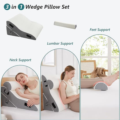 3 PCS Upgraded Bed Wedge Pillow for Sleeping - 35D Post Surgery Pillow for Back Leg Pain Relief - 22" Wide Adjustable Triangle Wedge Pillow Set for Acid Reflux & GERD & Snoring(white grey)