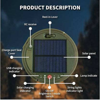 Solar Camping String Lights, 2 in 1 Solar Battery String Light Lantern Waterproof 39.4ft 8 Modes, Solar String Lights for Camping 3600mAh Rechargeable String Lights