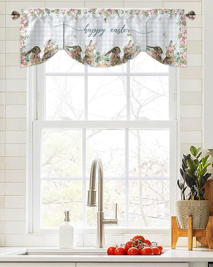 Rabbits Flowers Easter Blackout Tie Up Valance Curtains for Kitchen Windows Eucalyptus Leaf Spring SummerWindow Toppers Balloon Shades for Living Room/Bathroom/Bedroom,1 Panel, 42" X 18",Buffalo Plaid