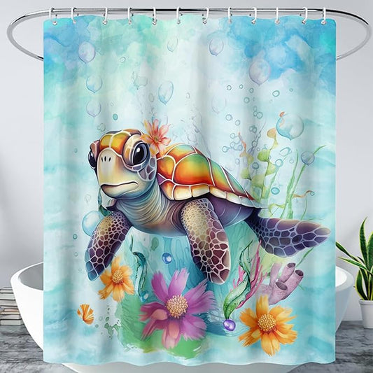 AILONEN Cute Sea Turtle Shower Curtain,Boys Kids Ocean Turtle Bath Curtain with 12 Plastic Hooks,Watercolor Sea Turtle Decorative Waterproof Curtain 60" W*72" H