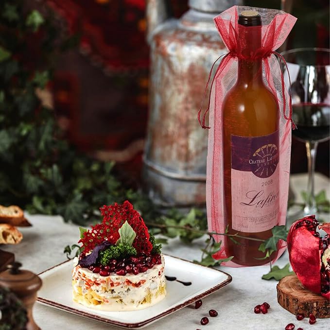 60 Pcs Sheer Organza Wine Bags 14.6 x 5.5 Wine Gift Pouches Sheer Mesh Wine Gift Pouches Reusable Bottle Wrap Bottle Covers Drawstring Gift Wrap Bags Dresses for Wedding Christmas Baby Shower