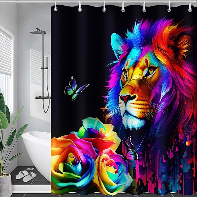 AILONEN Colorful Lion Shower Curtain for Kids Boys Teens,Rose Flower Graffiti Lion Bath Curtain for Bathroom Decor,Romantic Polyester Waterproof with 12 Plastic Hooks 72" W*78" H