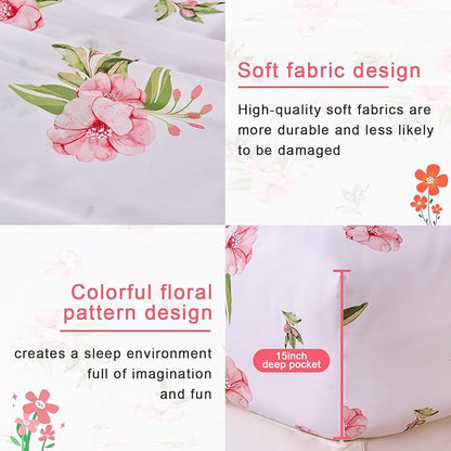 Queen Sheet Set White Pink Floral Bed Sheets Set Cute Soft Microfiber Cooling Sheets 4 Pieces Queen Size Bed Set Wrinkle Free, 15 inch Deep Pocket Fitted Sheet, Flat Sheet, Pillowcases