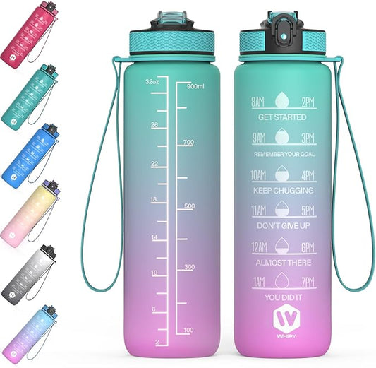 32 oz Water Bottle with Time Marker- Leak-Proof & BPA Free Reusable Gym Water Bottle - Easy to Carry Motivational Water Bottle for Fitness, Sports, Outdoor, (Mermaid with covered lid)