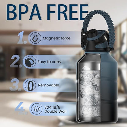 Insulated Half Gallon Water Bottle 64oz with Magnetic Lid,Stainless Steel Double-Wall Vacuum Leak Proof Sports Insulated Jug with Paracord Handle, Keep Water Hot & Cold for Outdoor,Gym