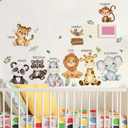 Baby Animal Wall Stickers Panda Lion Giraffe Wall Decals Premium Vinyl Jungle Animal Wall Decals for Nursery Living Room TV Sofa Background Bedroom Kids Room