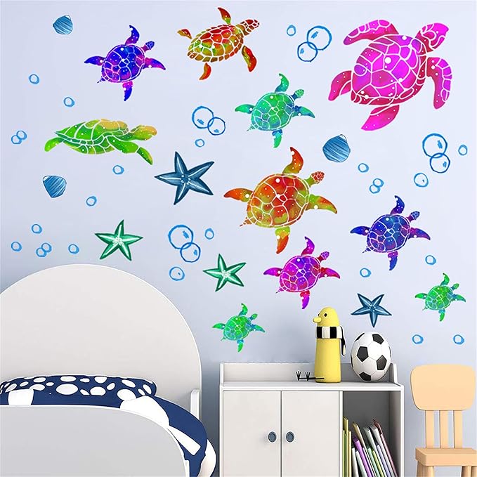 Waterproof Removable Watercolor Turtles Vinyl Wall Decal for Nursery Kidsroom School Classroom Livingroom Bedroom Bathroom Sea Life Sticker in Coastal Ocean Theme