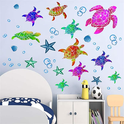 Waterproof Removable Watercolor Turtles Vinyl Wall Decal for Nursery Kidsroom School Classroom Livingroom Bedroom Bathroom Sea Life Sticker in Coastal Ocean Theme