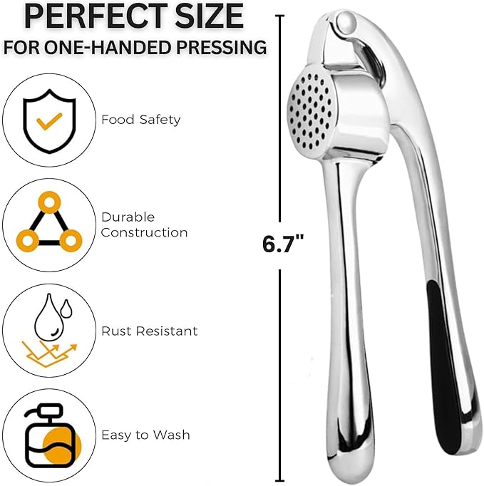 Premium Garlic Press, Heavy Duty Garlic Mincer Tool, Easily Crush Garlic, Ginger, Nuts, Seeds, Ergonomic Handle Garlic Press Stainless Steel, Garlic Masher, Silicone Peeler & Brush, Kitchen Gadgets