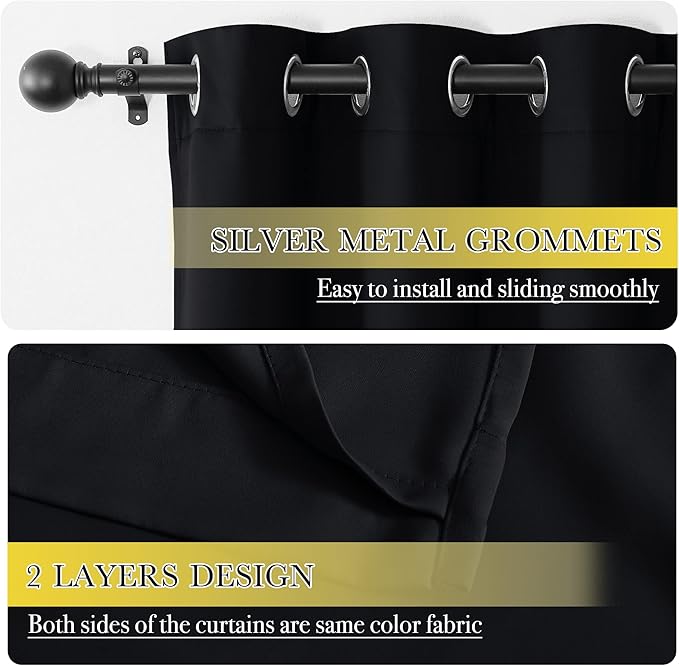 NICETOWN 100% Blackout Curtains 45 inches Length, 2 Thick Layers Completely Blackout Window Treatment Thermal Insulated Lined Drapes for Basement Window (Black, 1 Pair, 52 inches Width Each Panel)