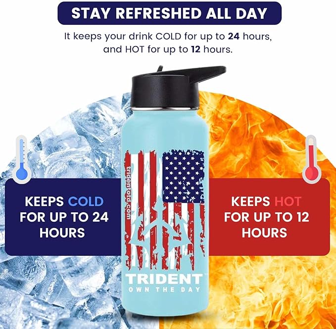 American Flag Water Bottle, 32 oz Insulated Water Bottle, Reusable Water Bottle with Straw, Leak Proof Water Bottles, Thermos Water Bottle - Combat Veteran Small Business (Light Blue, 32 Oz)