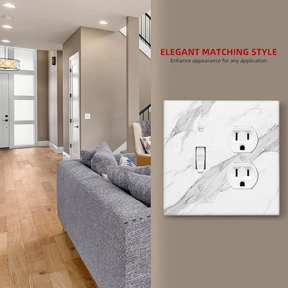 Marble Grey Wall Plate Decorative Light Switch Cover 2-Gang Combo Toggle/Duplex Outlet Faceplate for Bedroom Kitchen Farmhouse White