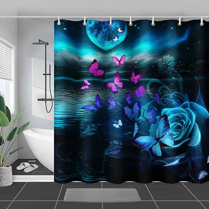 AILONEN Flying Butterfly Shower Curtain for Girls Women,Blue Sky Starry Ocean Sea Rose Bath Curtain 72" W*96" H Polyester Fabric Waterproof Bathroom Curtain with 12 Hooks