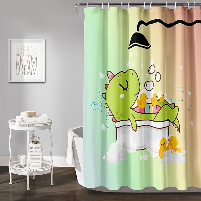 AILONEN Cartoon Shower Dinosaur Shower Curtain for Kids,Funny Green Dinosaur Shower Curtain Set with Hooks,72" W*96" H