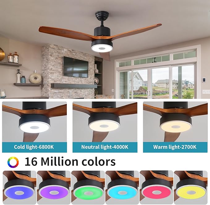 52 Inch Wood Ceiling Fan with RGB Dimming LED Light,with Music Bluetooth Speaker,Remote Control,3-Speed Regulation, Reversible Motor,Timing,for Living Room,Bedroom,Restaurant,Outdoor