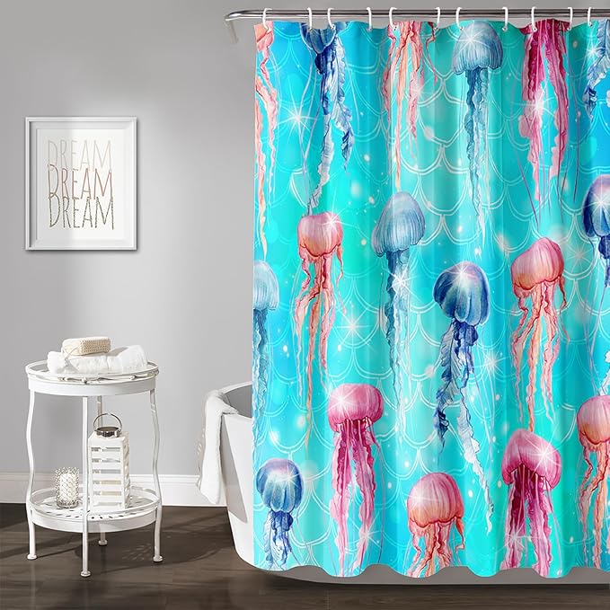 AILONEN Jellyfish Shower Curtain for Bathroom, Ocean Mermaid Scale Printed Bath Curtain,Modern Minimalist Blue Waterproof Fabric Shower Curtain Set with Hooks 72" W*96" H
