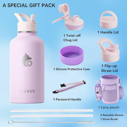 64 oz Insulated Water Bottle with Straw and Handle, Double Walled Vaccum Stainless Steel Half Gallon Water Bottle for Women, 3 Lids, Metal Canteen, Gym & Outdoors Water Jug