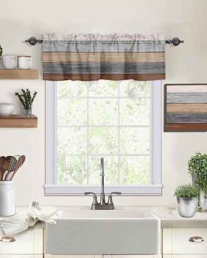 Farmhouse Fall Kitchen Curtains Valances for Windows , Brown Grey Rod Pocket Country Window Treatment for Kitchen /Living Room/Bedroom/ Bathroom,54" X 18" -1 Panel, Retro Rustic Barn Wood Texture