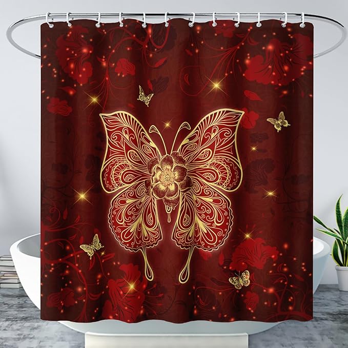 AILONEN Rose Butterfly Waterproof Curtain,Red and Gold Butterfly Floral Bath Curtain,Modern Chic Flower Polyester Fabric Red Curtain with 12 Plastic Hooks, 72" W x 84" H