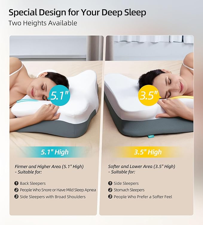 ALLJOY Cervical Pillow for Neck Shoulder, Ergonomic Side Sleeper Pillow for Pain Relief, Cooling Odorless Memory Foam Pillows for Deep Sleep, Neck Support Pillow for Back Stomach Sleepers, Grey