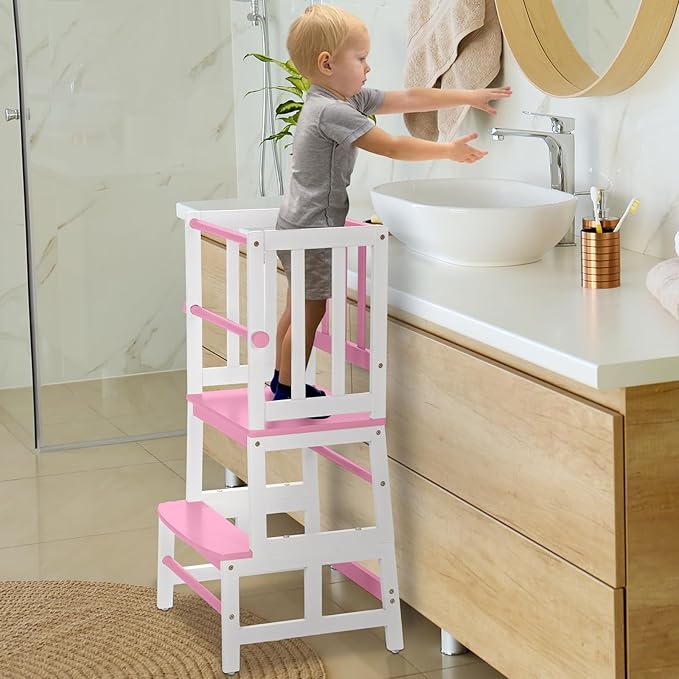 COSYLAND Kids Kitchen Step Stool, Toddler Standing Tower with CPC & FSC Certification, Removable Anti-Drop Railing Safety Rail Enjoys Unique Patented Design A Anti-tip Stable Structure Pink & White