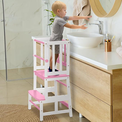 COSYLAND Kids Kitchen Step Stool, Toddler Standing Tower with CPC & FSC Certification, Removable Anti-Drop Railing Safety Rail Enjoys Unique Patented Design A Anti-tip Stable Structure Pink & White