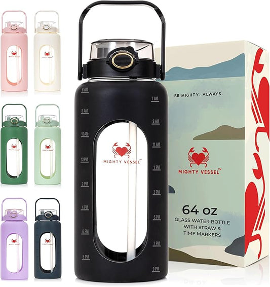 Leakproof Glass Water Bottles 64 oz - Borosilicate Large Glass Water Bottle with Straw & Time Markers - Half Gallon Water Bottle Glass, Wide Mouth Glass Gallon Water Bottle 2 Litres