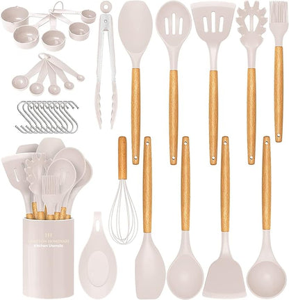 Kitchen Utensils Set, 33 pcs Non-Stick Silicone Cooking Utensils Set, Heat-Resistant Silicone, Wooden Utensils for Cooking, Kitchen Gadgets Spatula Set, Apartment Essentials Kitchen Set (Khaki)