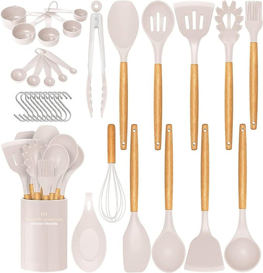 Kitchen Utensils Set, 33 pcs Non-Stick Silicone Cooking Utensils Set, Heat-Resistant Silicone, Wooden Utensils for Cooking, Kitchen Gadgets Spatula Set, Apartment Essentials Kitchen Set (Khaki)
