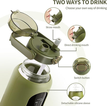 64oz Glass Water Bottle with Straw and Handle - Half Gallon Motivational Water Jug with Time Marker and Silicone Sleeve, Leak proof Wide Mouth Water Flask for Gym, Sports, and Daily Use (Green)