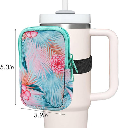 Water Bottle Pouch Cup Accessories for Women Quencher Adventure IceFlow 20oz 30oz 40oz Tumbler Pouch with Handle Running Pouch Bag for Cards Keys(Green Flower)