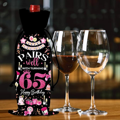 65th Birthday Gifts for Women Men Wine Bag, 65 Year Old Birthday Gifts for Women, 65th Birthday Party Decorations for Women Men, Pairs Well with Turning 65 Wine Bags (Black Pink)