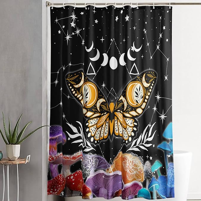 AILONEN Sun and Moon Shower Curtain,Death Moth Bath Curtain for Bathroom for Boys,Girls,Boho Hippie Style Shower Curtain,Colorful Mushroom Waterproof Fabric Shower Curtain Set with Hooks,72" W*84" H